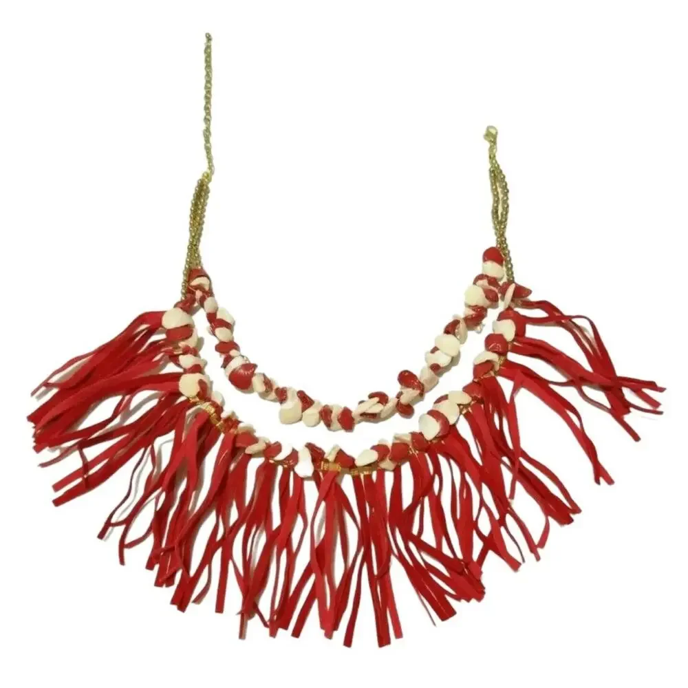 Mia Necklace Red Suede Fringe &‎ Shell Statement Bib Adjustable Gold Tone Detail